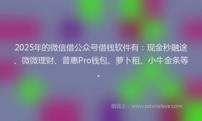 2025年的微信借公众号借钱软件有：现金秒融途、微微理财、普惠Pro钱包、萝卜租、小牛金条等。