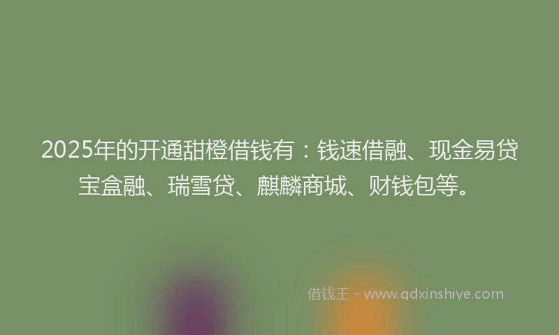2025年的开通甜橙借钱有：钱速借融、现金易贷宝盒融、瑞雪贷、麒麟商城、财钱包等。