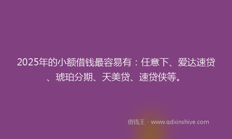2025年的小额借钱最容易有：任意下、爱达速贷、琥珀分期、天美贷、速贷侠等。