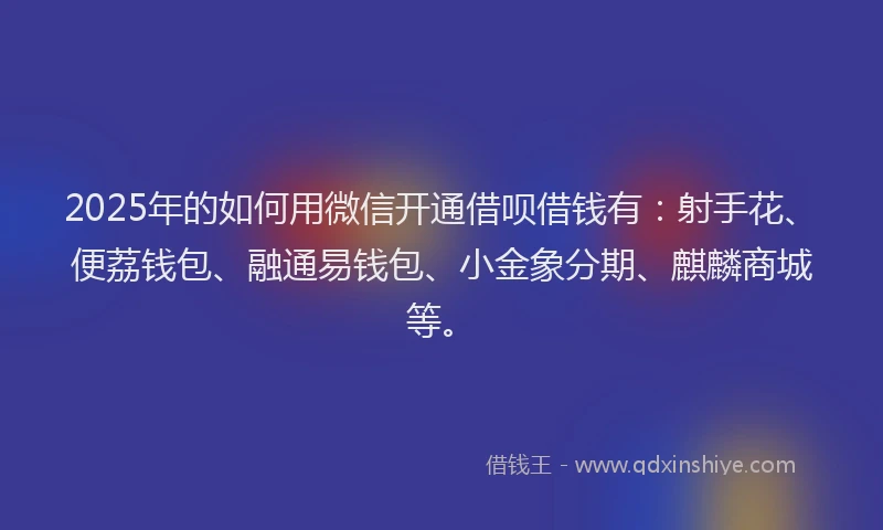 2025年的如何用微信开通借呗借钱有：射手花、便荔钱包、融通易钱包、小金象分期、麒麟商城等。