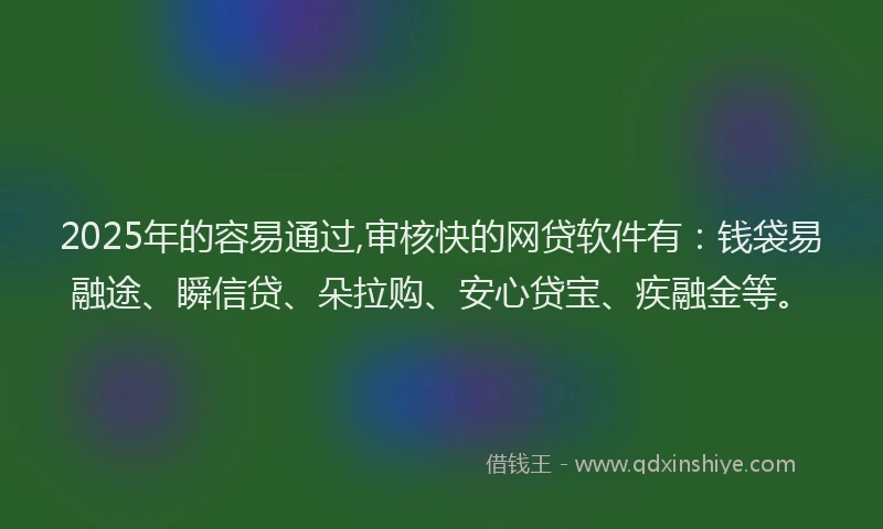 2025年的容易通过,审核快的网贷软件有：钱袋易融途、瞬信贷、朵拉购、安心贷宝、疾融金等。