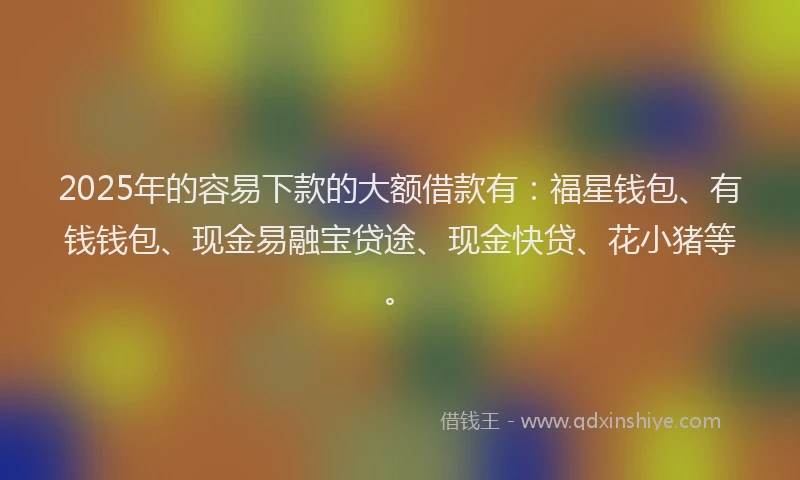 2025年的容易下款的大额借款有：福星钱包、有钱钱包、现金易融宝贷途、现金快贷、花小猪等。