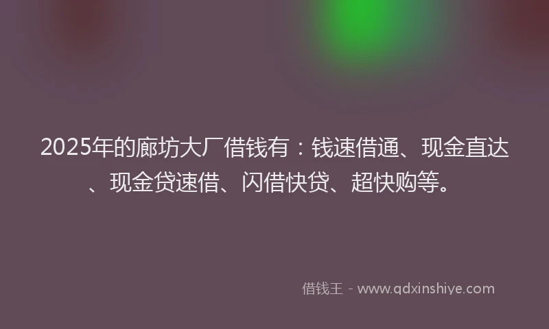2025年的廊坊大厂借钱有：钱速借通、现金直达、现金贷速借、闪借快贷、超快购等。