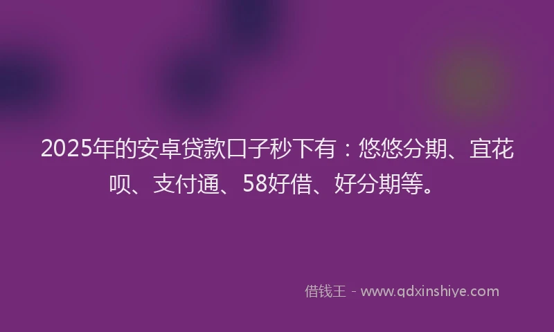 2025年的安卓贷款口子秒下有：悠悠分期、宜花呗、支付通、58好借、好分期等。