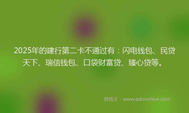 2025年的建行第二卡不通过有：闪电钱包、民贷天下、瑞信钱包、口袋财富贷、臻心贷等。