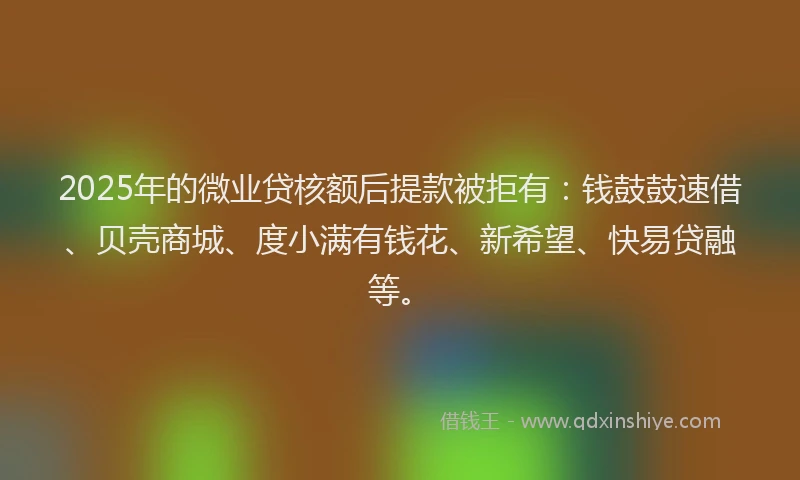 2025年的微业贷核额后提款被拒有：钱鼓鼓速借、贝壳商城、度小满有钱花、新希望、快易贷融等。