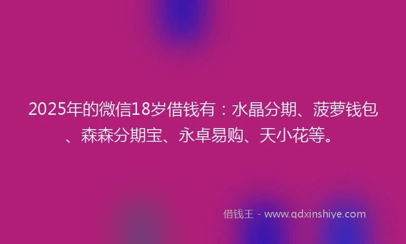 2025年的微信18岁借钱有：水晶分期、菠萝钱包、森森分期宝、永卓易购、天小花等。