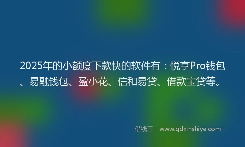 2025年的小额度下款快的软件有：悦享Pro钱包、易融钱包、盈小花、信和易贷、借款宝贷等。