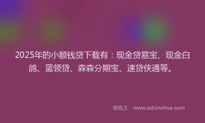 2025年的小额钱贷下载有：现金贷易宝、现金白鸽、蓝领贷、森森分期宝、速贷侠通等。