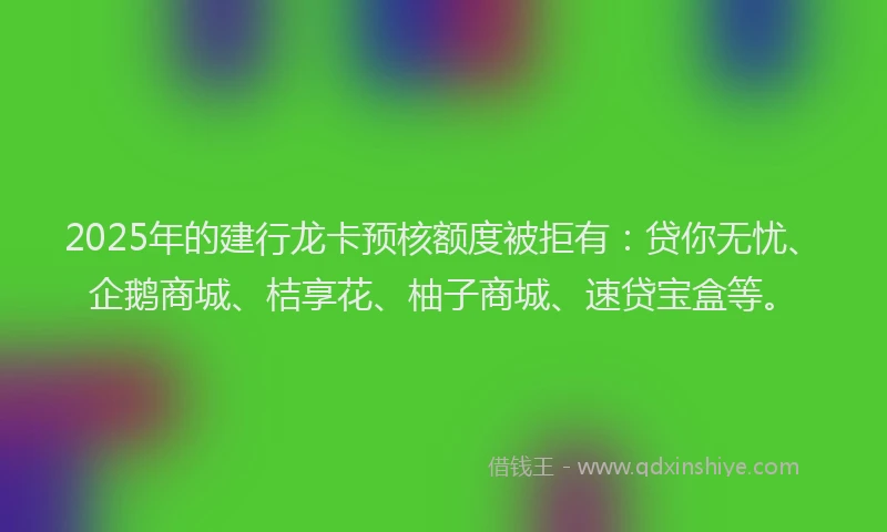 2025年的建行龙卡预核额度被拒有：贷你无忧、企鹅商城、桔享花、柚子商城、速贷宝盒等。