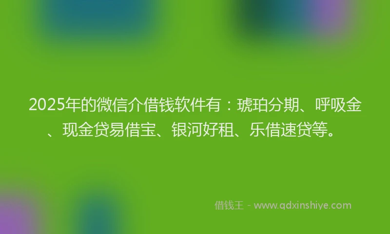 2025年的微信介借钱软件有：琥珀分期、呼吸金、现金贷易借宝、银河好租、乐借速贷等。