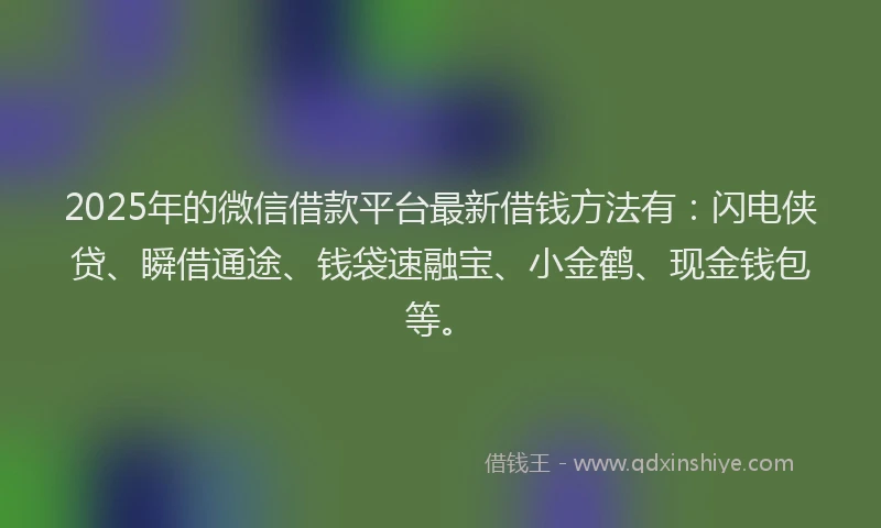 2025年的微信借款平台最新借钱方法有：闪电侠贷、瞬借通途、钱袋速融宝、小金鹤、现金钱包等。