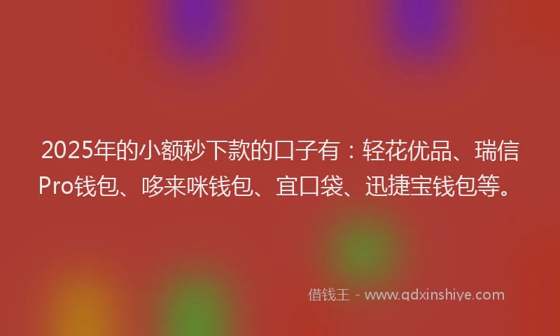 2025年的小额秒下款的口子有：轻花优品、瑞信Pro钱包、哆来咪钱包、宜口袋、迅捷宝钱包等。