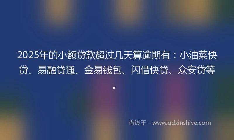 2025年的小额贷款超过几天算逾期有：小油菜快贷、易融贷通、金易钱包、闪借快贷、众安贷等。