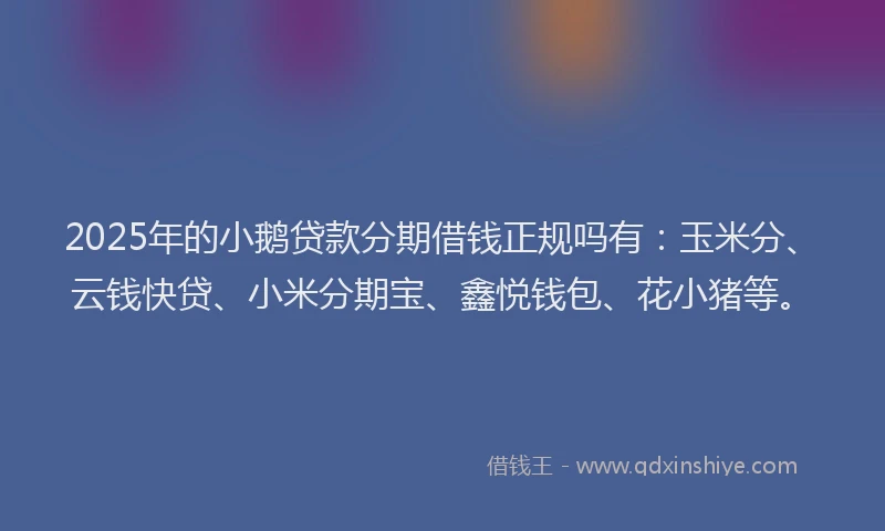 2025年的小鹅贷款分期借钱正规吗有：玉米分、云钱快贷、小米分期宝、鑫悦钱包、花小猪等。