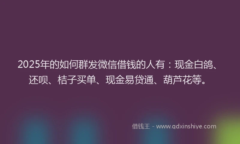 2025年的如何群发微信借钱的人有：现金白鸽、还呗、桔子买单、现金易贷通、葫芦花等。