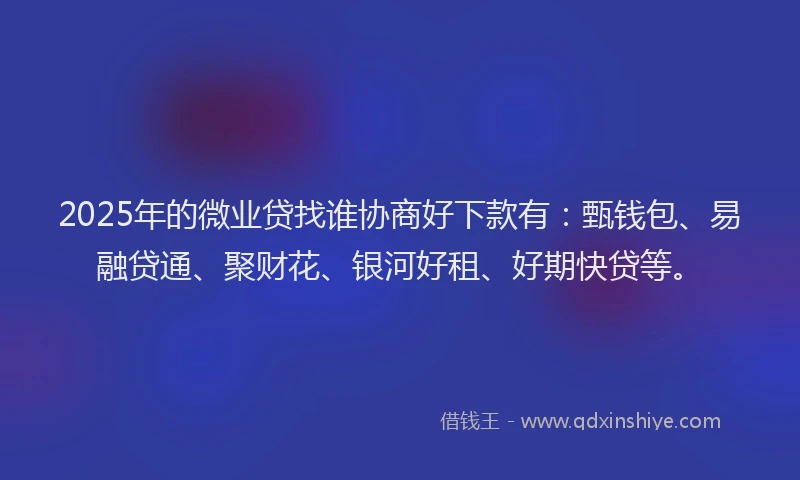 2025年的微业贷找谁协商好下款有：甄钱包、易融贷通、聚财花、银河好租、好期快贷等。