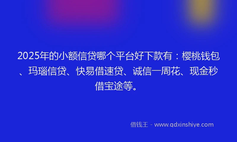 2025年的小额信贷哪个平台好下款有：樱桃钱包、玛瑙信贷、快易借速贷、诚信一周花、现金秒借宝途等。