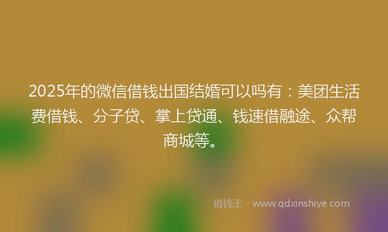 2025年的微信借钱出国结婚可以吗有：美团生活费借钱、分子贷、掌上贷通、钱速借融途、众帮商城等。