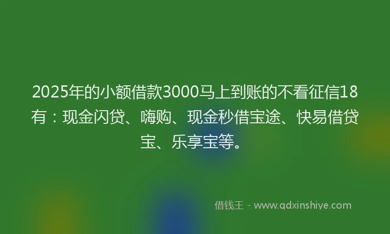 2025年的小额借款3000马上到账的不看征信18有：现金闪贷、嗨购、现金秒借宝途、快易借贷宝、乐享宝等。