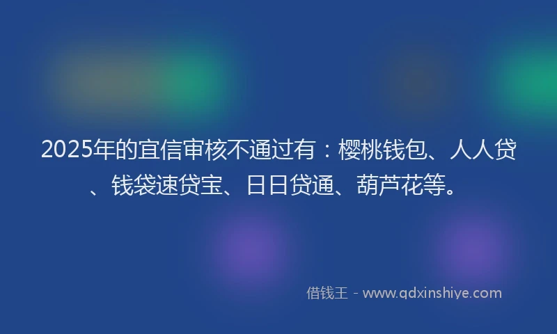 2025年的宜信审核不通过有：樱桃钱包、人人贷、钱袋速贷宝、日日贷通、葫芦花等。