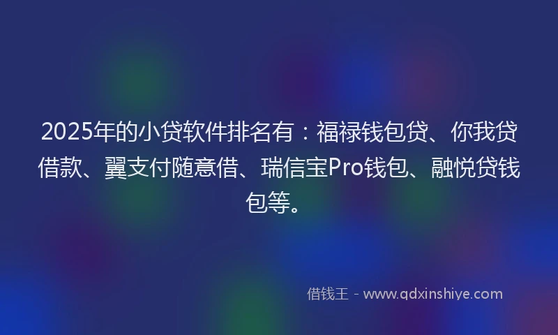 2025年的小贷软件排名有：福禄钱包贷、你我贷借款、翼支付随意借、瑞信宝Pro钱包、融悦贷钱包等。