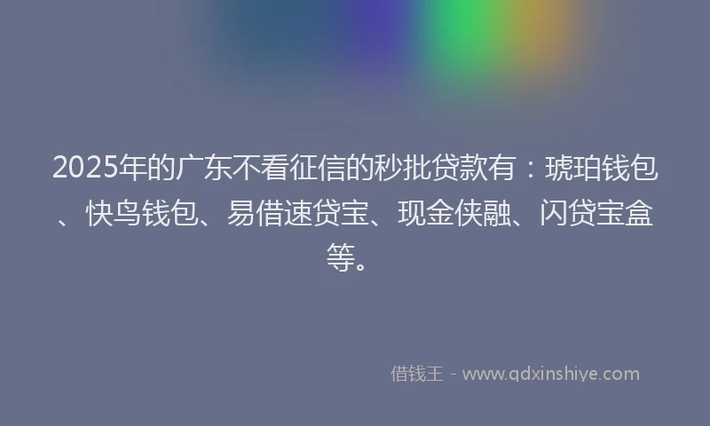 2025年的广东不看征信的秒批贷款有：琥珀钱包、快鸟钱包、易借速贷宝、现金侠融、闪贷宝盒等。