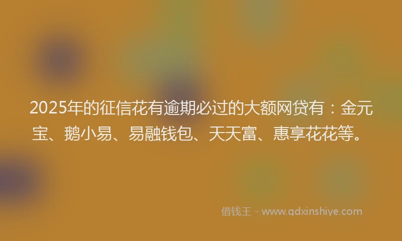 2025年的征信花有逾期必过的大额网贷有：金元宝、鹅小易、易融钱包、天天富、惠享花花等。