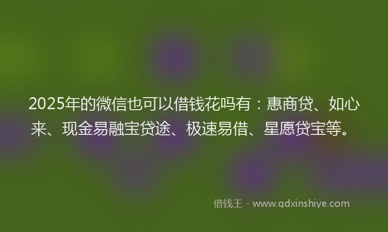 2025年的微信也可以借钱花吗有：惠商贷、如心来、现金易融宝贷途、极速易借、星愿贷宝等。