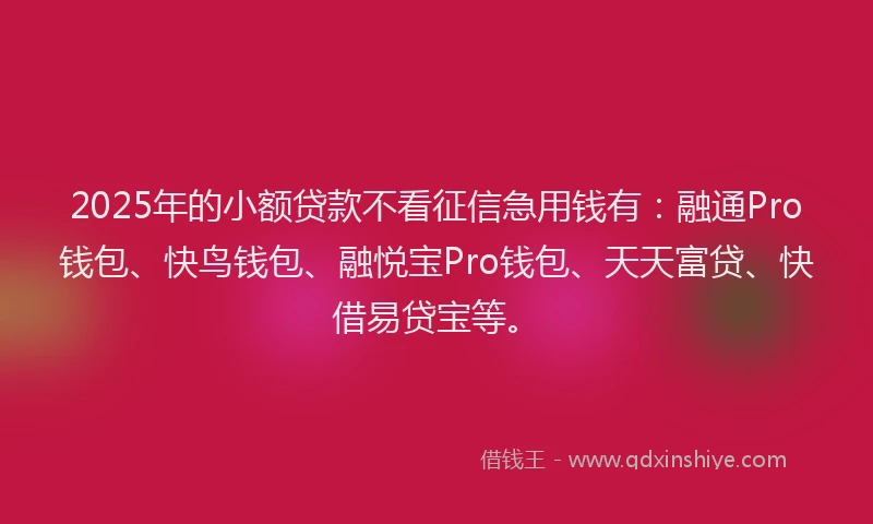 2025年的小额贷款不看征信急用钱有：融通Pro钱包、快鸟钱包、融悦宝Pro钱包、天天富贷、快借易贷宝等。