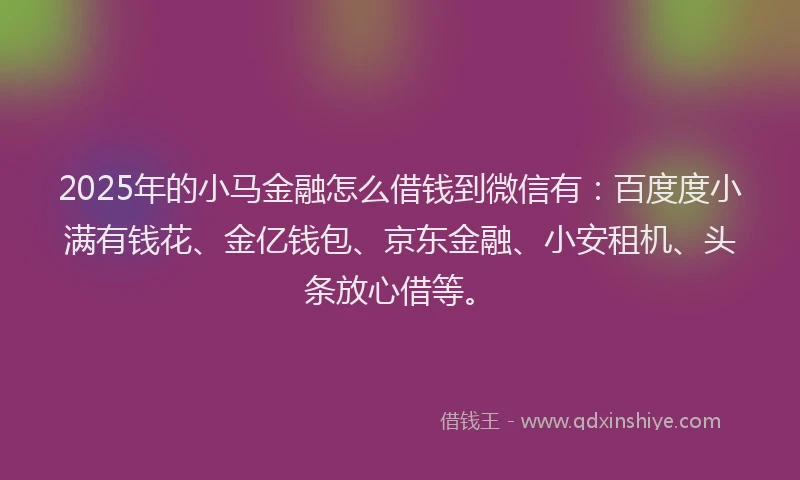 2025年的小马金融怎么借钱到微信有：百度度小满有钱花、金亿钱包、京东金融、小安租机、头条放心借等。