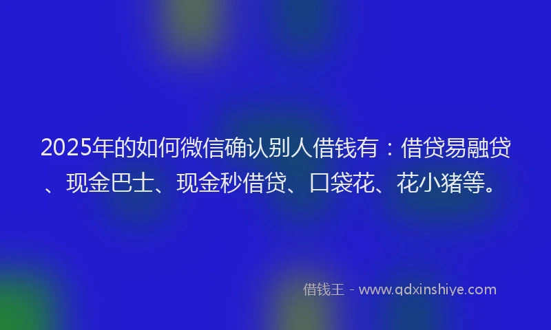 2025年的如何微信确认别人借钱有：借贷易融贷、现金巴士、现金秒借贷、口袋花、花小猪等。