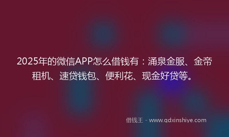 2025年的微信APP怎么借钱有：涌泉金服、金帝租机、速贷钱包、便利花、现金好贷等。