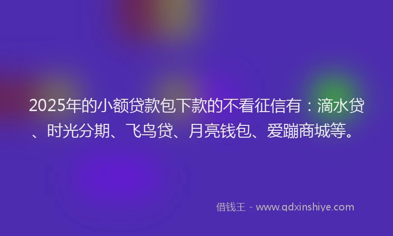 2025年的小额贷款包下款的不看征信有：滴水贷、时光分期、飞鸟贷、月亮钱包、爱蹦商城等。