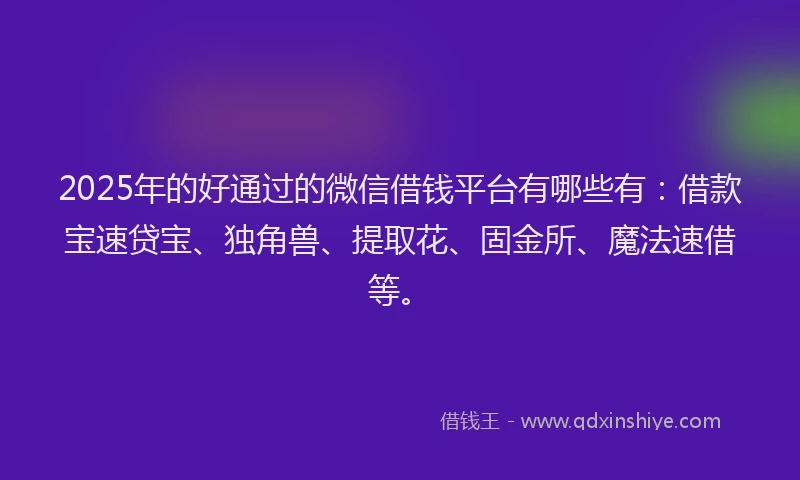 2025年的好通过的微信借钱平台有哪些有：借款宝速贷宝、独角兽、提取花、固金所、魔法速借等。