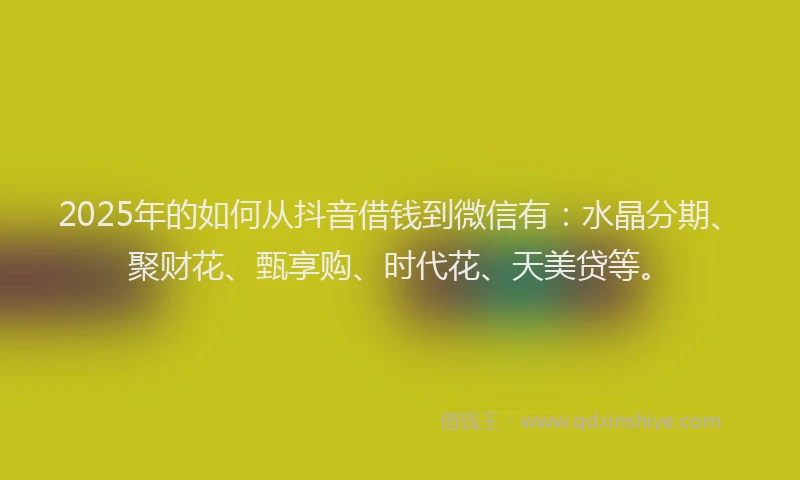 2025年的如何从抖音借钱到微信有：水晶分期、聚财花、甄享购、时代花、天美贷等。