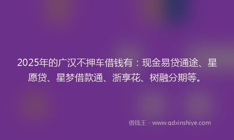 2025年的广汉不押车借钱有：现金易贷通途、星愿贷、星梦借款通、浙享花、树融分期等。