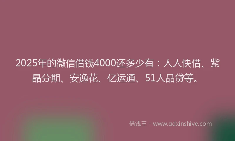 2025年的微信借钱4000还多少有：人人快借、紫晶分期、安逸花、亿运通、51人品贷等。