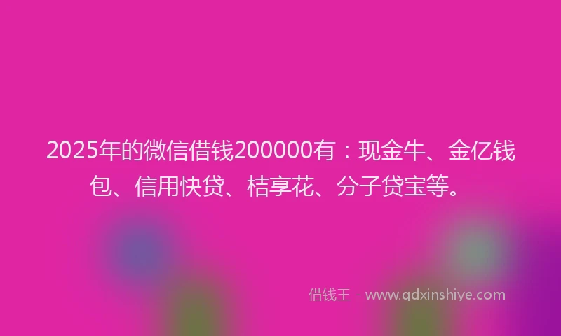 2025年的微信借钱200000有：现金牛、金亿钱包、信用快贷、桔享花、分子贷宝等。