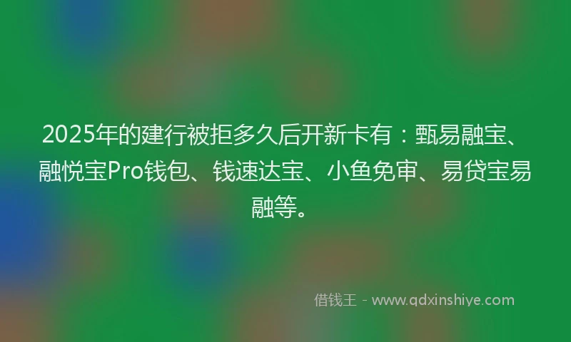 2025年的建行被拒多久后开新卡有：甄易融宝、融悦宝Pro钱包、钱速达宝、小鱼免审、易贷宝易融等。