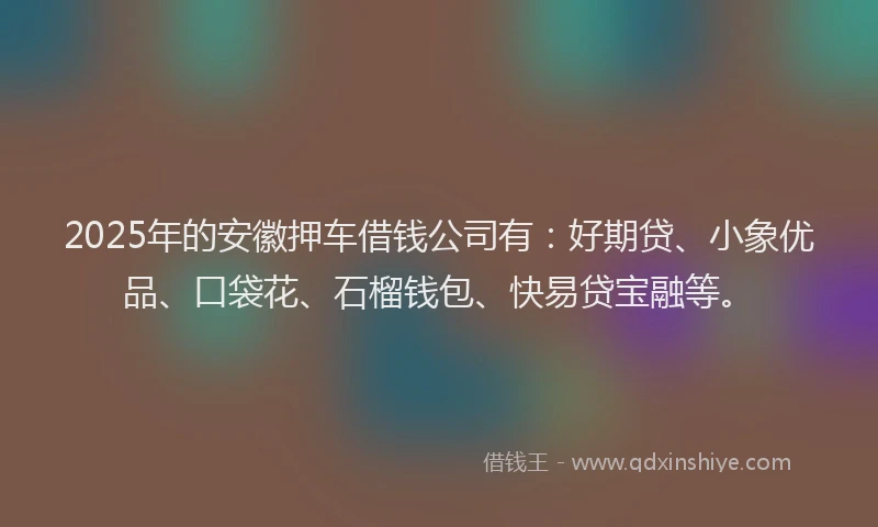 2025年的安徽押车借钱公司有：好期贷、小象优品、口袋花、石榴钱包、快易贷宝融等。