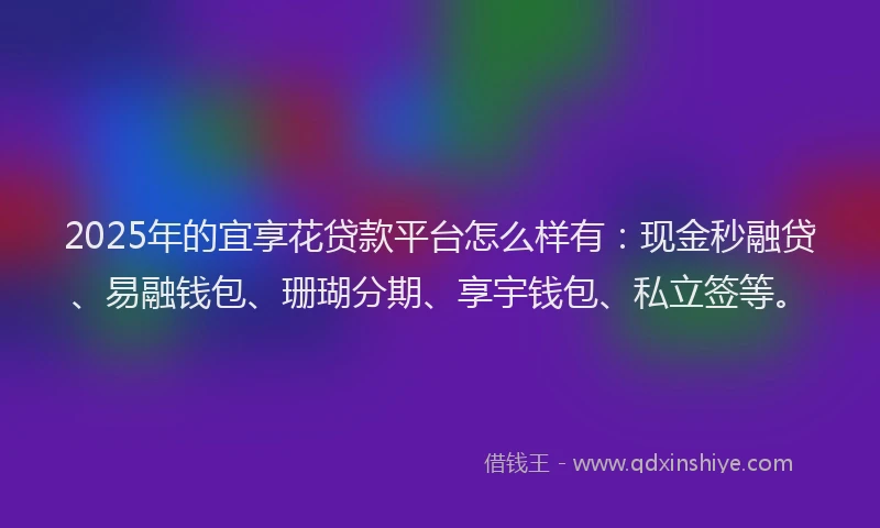 2025年的宜享花贷款平台怎么样有：现金秒融贷、易融钱包、珊瑚分期、享宇钱包、私立签等。