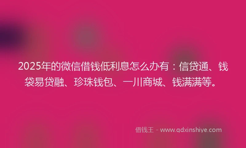 2025年的微信借钱低利息怎么办有：信贷通、钱袋易贷融、珍珠钱包、一川商城、钱满满等。