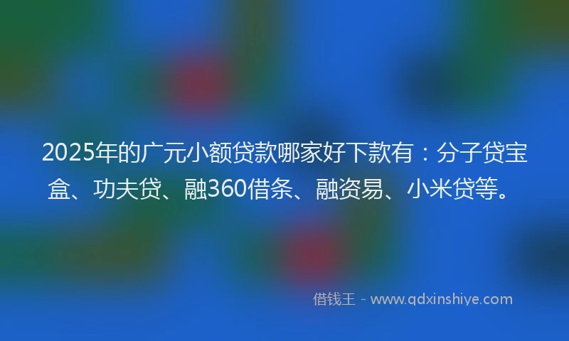 2025年的广元小额贷款哪家好下款有：分子贷宝盒、功夫贷、融360借条、融资易、小米贷等。