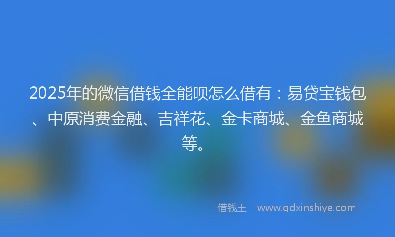 2025年的微信借钱全能呗怎么借有：易贷宝钱包、中原消费金融、吉祥花、金卡商城、金鱼商城等。