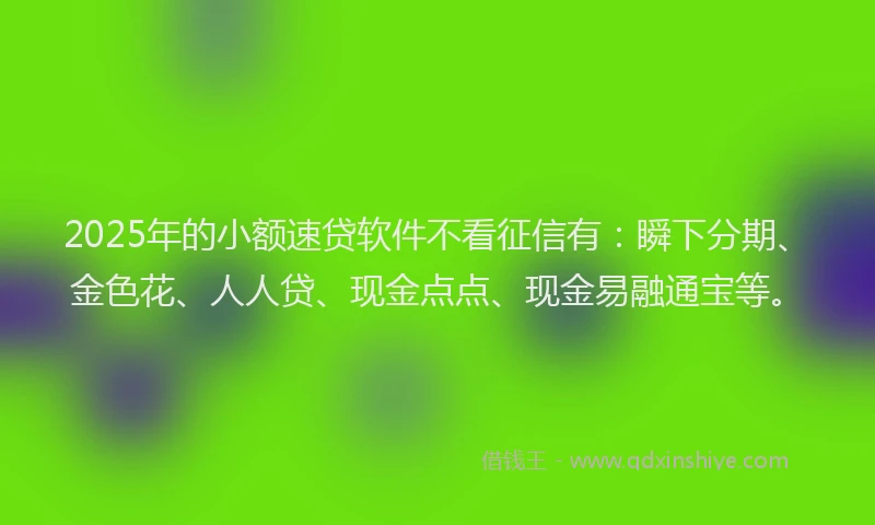2025年的小额速贷软件不看征信有：瞬下分期、金色花、人人贷、现金点点、现金易融通宝等。
