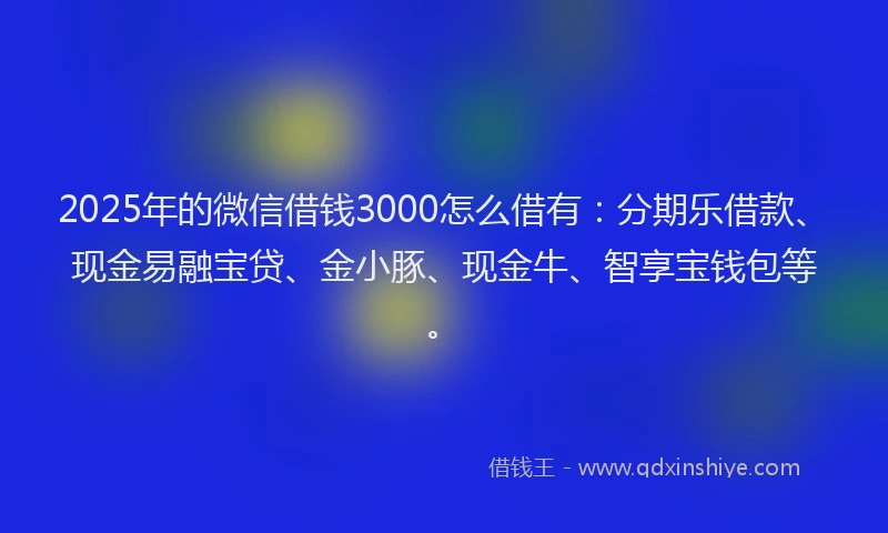 2025年的微信借钱3000怎么借有：分期乐借款、现金易融宝贷、金小豚、现金牛、智享宝钱包等。