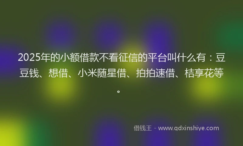 2025年的小额借款不看征信的平台叫什么有：豆豆钱、想借、小米随星借、拍拍速借、桔享花等。