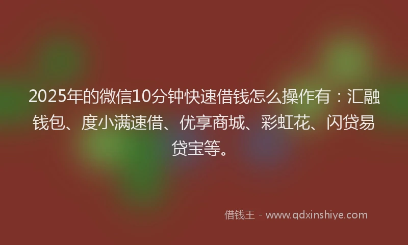 2025年的微信10分钟快速借钱怎么操作有：汇融钱包、度小满速借、优享商城、彩虹花、闪贷易贷宝等。
