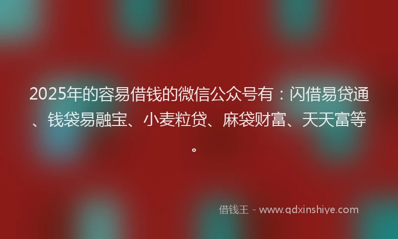 2025年的容易借钱的微信公众号有：闪借易贷通、钱袋易融宝、小麦粒贷、麻袋财富、天天富等。